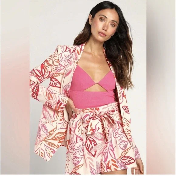 Lulus Blazer Womens Small Linen Blend Floral Leaf Print Open Front Jacket NEW - Picture 2 of 11